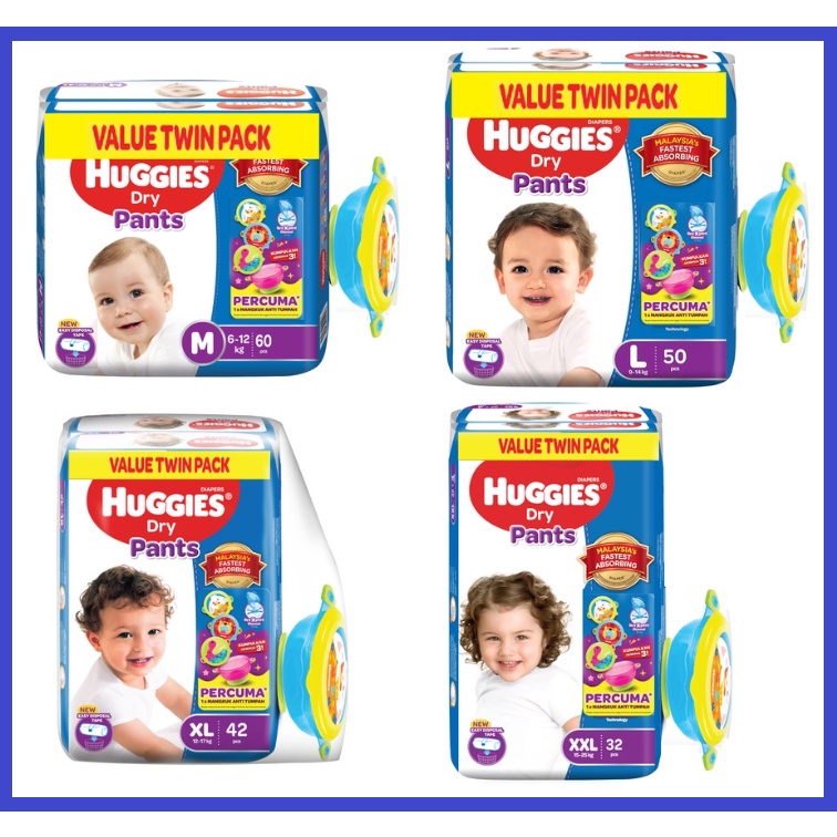 Huggies Dry Pants Twin Pack Free Mangkuk Anti Tumpah M M X L