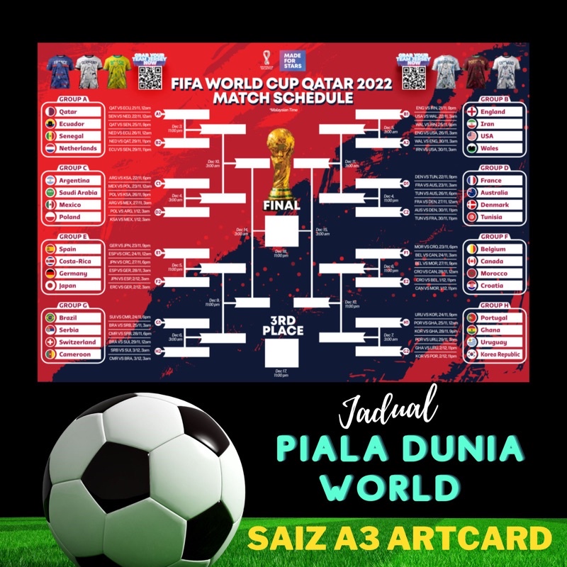 JADUAL PIALA DUNIA WORLD CUP 2022 ARTCARD A3 300GSM Shopee Malaysia