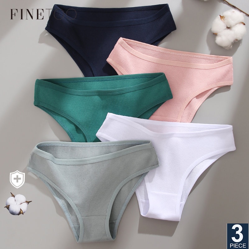 FINETOO 3PCS Set Women Waffle Cotton Panties Breathable Lingerie Sexy