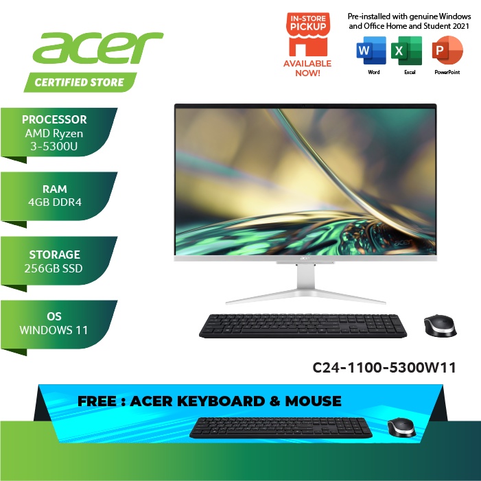 Acer Aspire All In One Desktop PC C24 1100 5300W11 R3 5300U 4GB 256GB