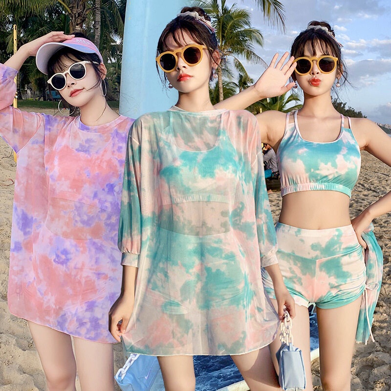 WARBASE BAIYA 3 Pcs Set Tie Dye Bikini Swim Set Women Fashion Polyester