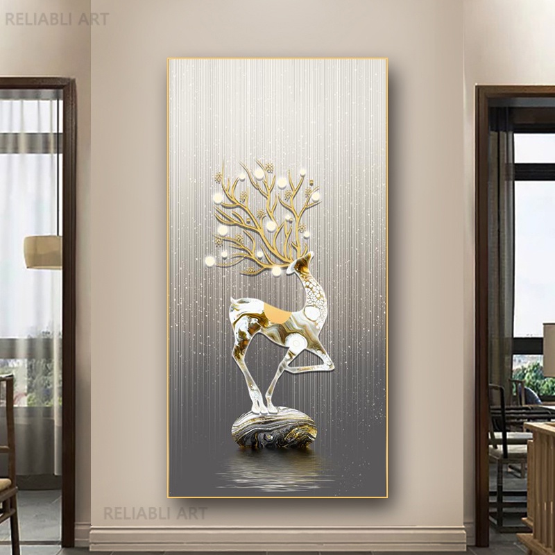 New Chinese Fengshui Golden Deer Canvas Painting Abstract Zen Stone