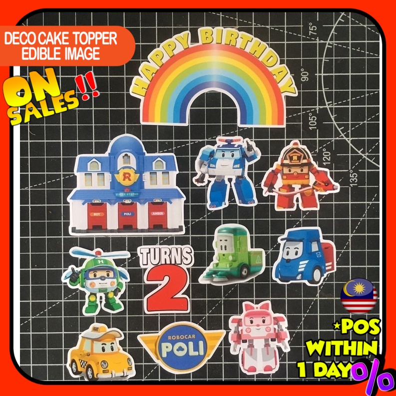 CUSTOM NAME Happy Birthday Cake Topper Robocar Poli Decoration Set