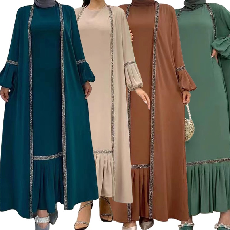 Ramadan Baju Raya Cardigan Abaya Sets Plain Color Maxi Dress Women