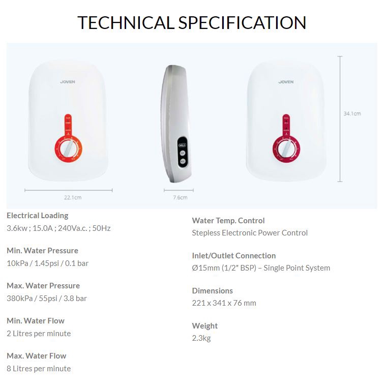 Joven Water Heater Instant Hot Shower With Pump SC33iP NO Pump SA8E