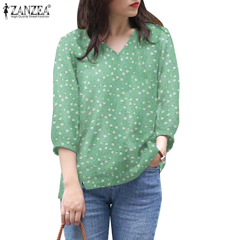 ZANZEA Women Korean Daily V Neck 3 4 Sleeves Floral Print Causal Blouse