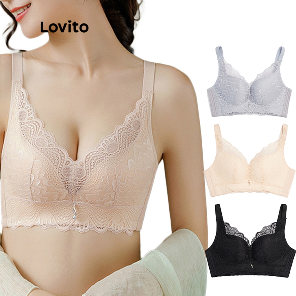 Lovito Lace Sexy Contrast Lace Bralette Push Up Wireless 3 4 Coverage