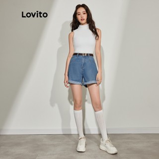 Lovito Casual Plain Pocket Belted Flip Up Basic Women Denim Shorts