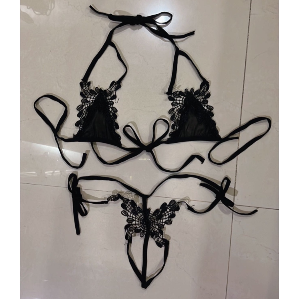 Sexy Lingerie Set Bikini Lace Up Bra Open Crotch Thong Porno Hollow Out