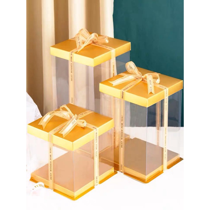 Shiok Clear Transparent Pet Square Shaped Cake Box Packaging With Gold