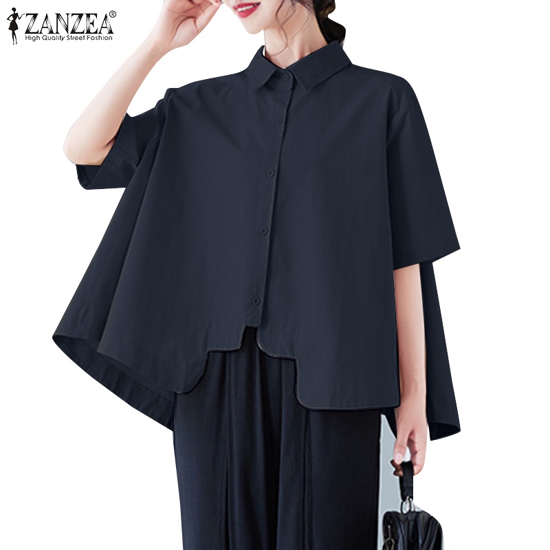 ZANZEA Women Korean Fashion Short Sleeve Collared Button Up Irregular