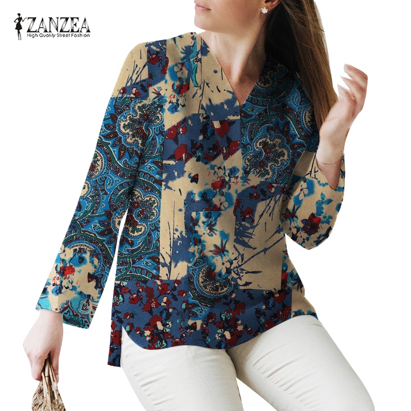 Zanzea Women Vintage Split V Neck Cotton Linen Floral Printing Blouses