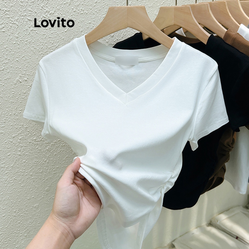 Lovito Casual Plain Ruched V Neck Short Sleeves T Shirt For Women