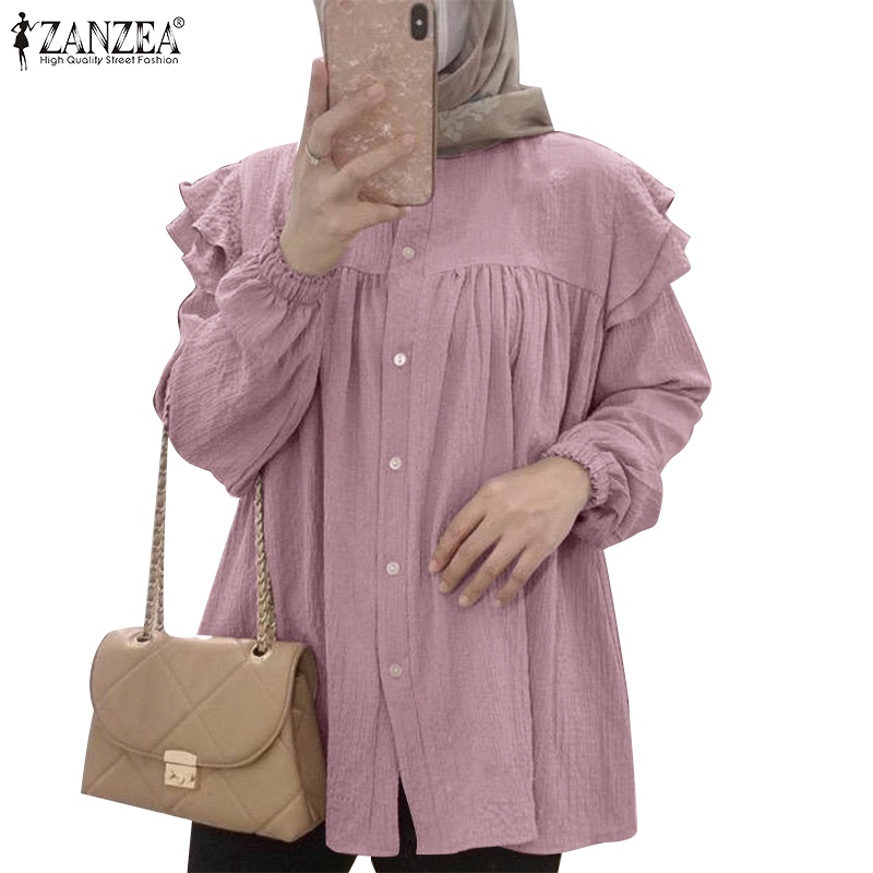 Zanzea Women Musilm Casual Full Sleeve O Neck Solid Color Button Down