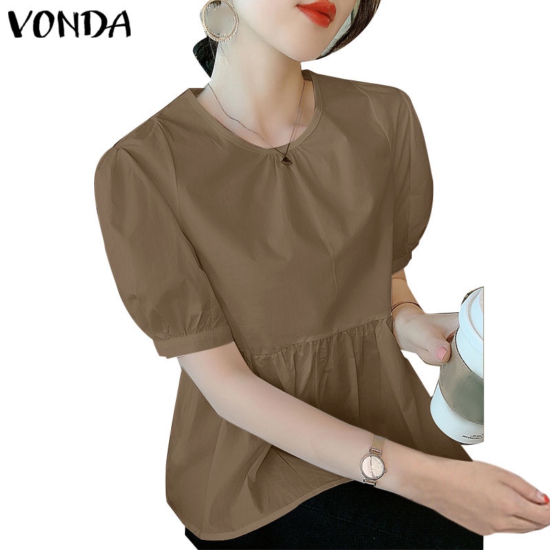 Vonda Women Korean Casual Round Neck Puff Sleeves Pleated Patchwork