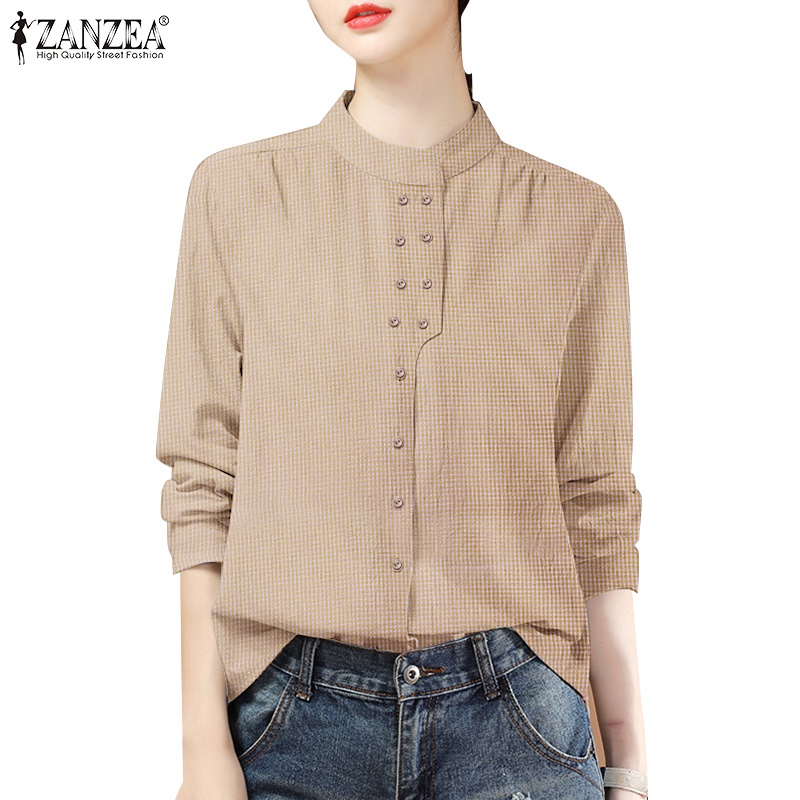 ZANZEA Women S Stand Up Collar Long Sleeve Plaid Casual Office Shirt