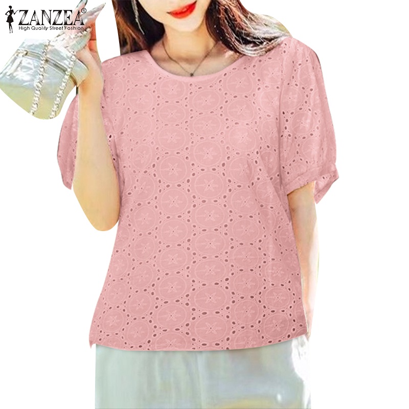 ZANZEA Women Korean Casual Short Sleeves O Neck Embroidery Cotton