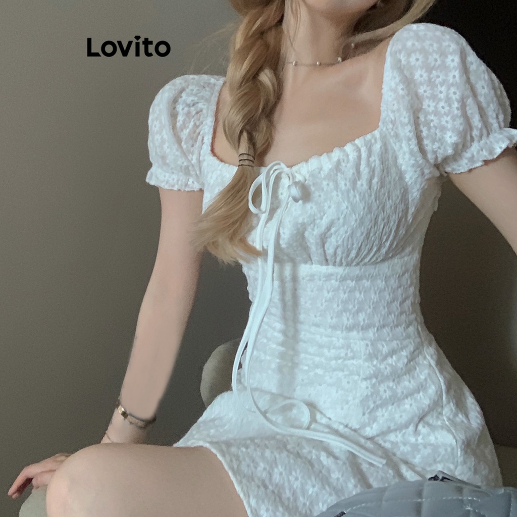 Lovito Casual Plain Lace Up Lettuce Trim Eyelet Embroidery Dress For