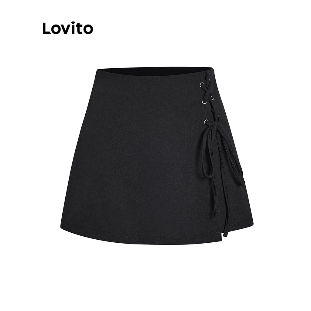 Lovito Casual Plain Lace Up High Waist Side Zip Shorts For Women