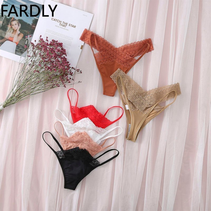 FARDLY Women Lace Thong Sexy Panty Woman Cross Letter Waist Underwear