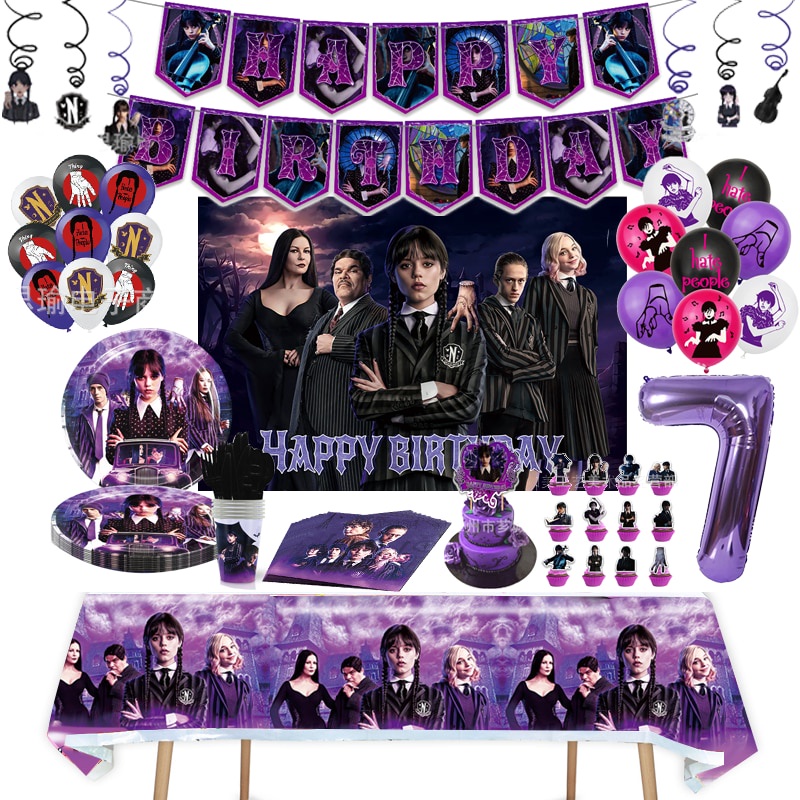 Jom Party Tema Black Wednesday Addams Birthday Decoration Tableware