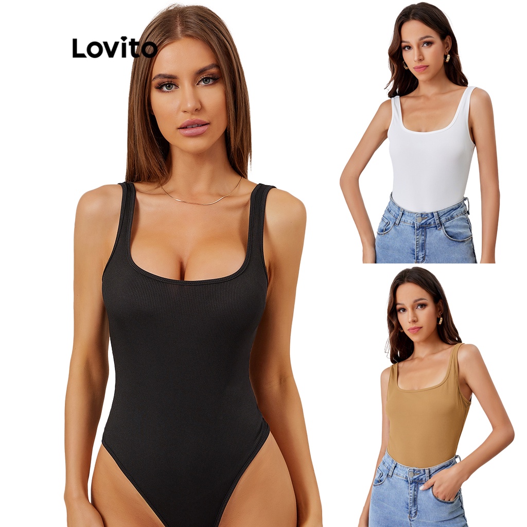 Lovito Casual Plain Skinny Square Neck Rib Knit Daily Basic Bodysuits