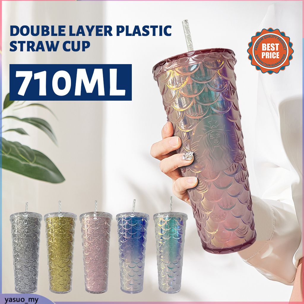 710ml 24oz Starbucks New Fish Scale Cup Double Layer Plastic Straw Cup