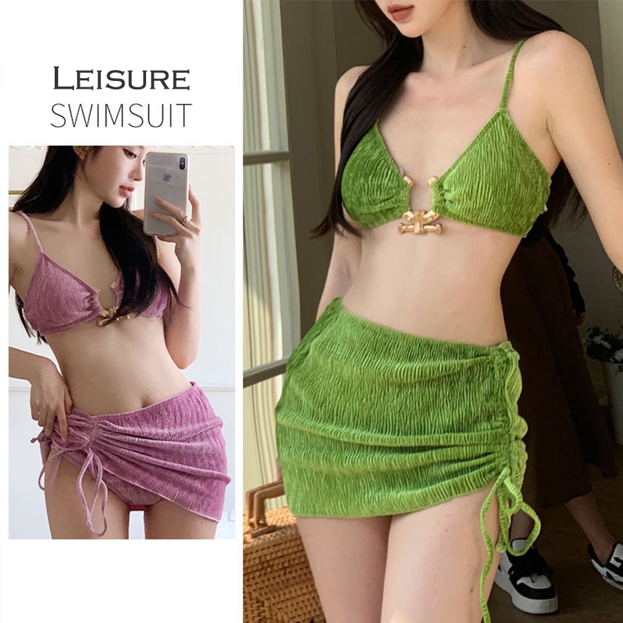 Three Piece Swimwear Green Velvet Bikini Ins Sexy Swimsuit Vacation