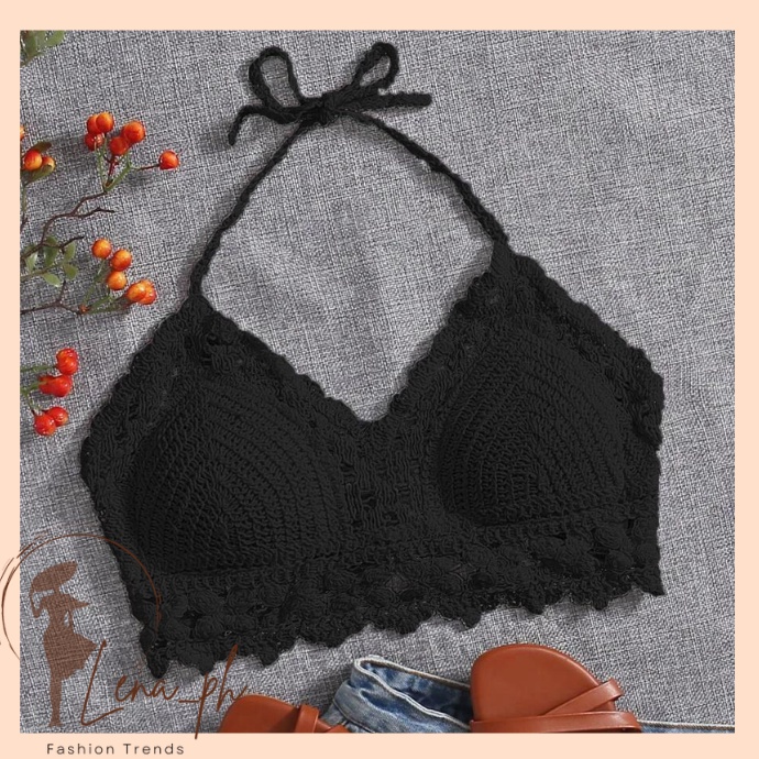 Black Tie Back Halter Crochet Bikini Top With Pad Summer Top Beachwear