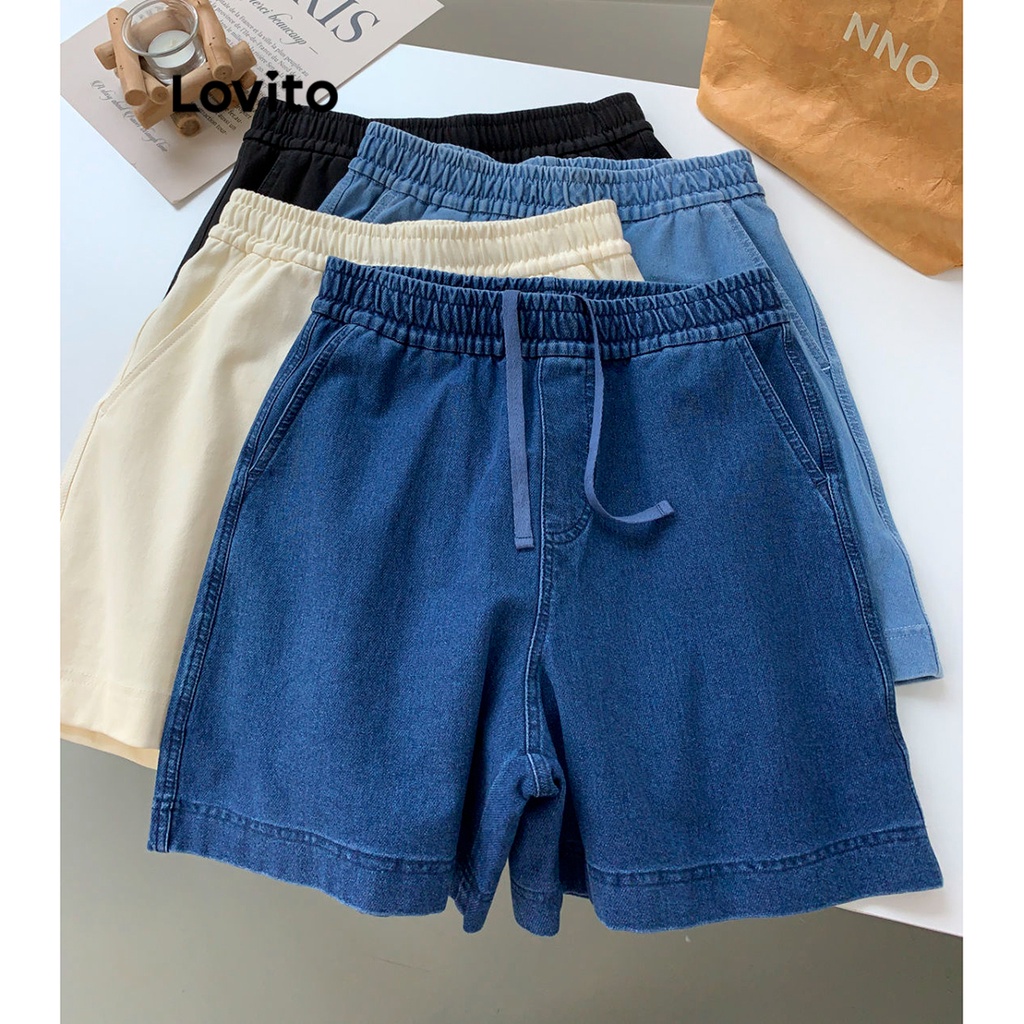 Lovito Casual Plain Lace Up Denim Shorts For Women Lne Multi