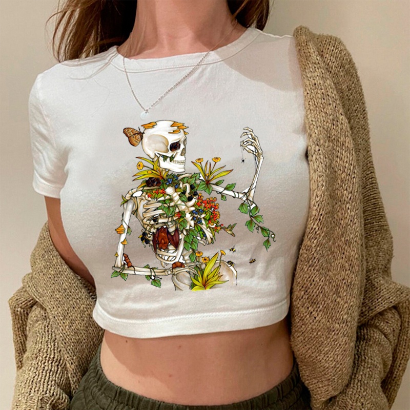 Bones And Botany Skull Trashy Cyber Y2k Graphic Crop Top Woman Kawaii