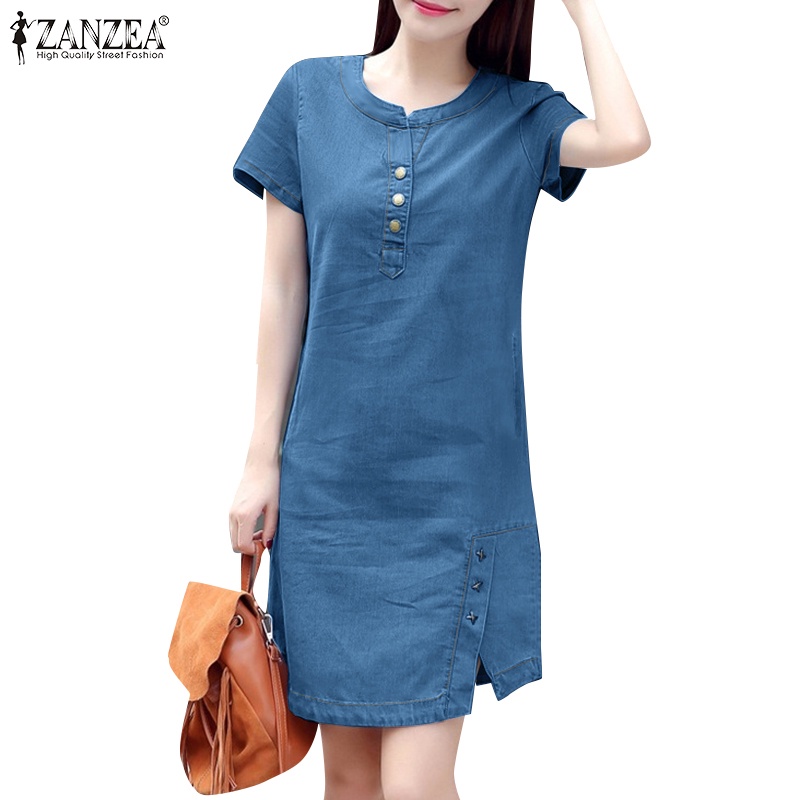 ZANZEA Women Korean Daily Short Sleeves O Neck H Line Plain Denim