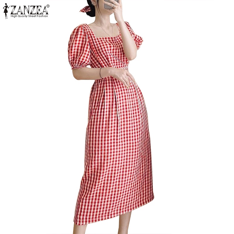 Zanzea Women Korean Daily Square Neck Puff Sleeves Short Sleeve Plaid