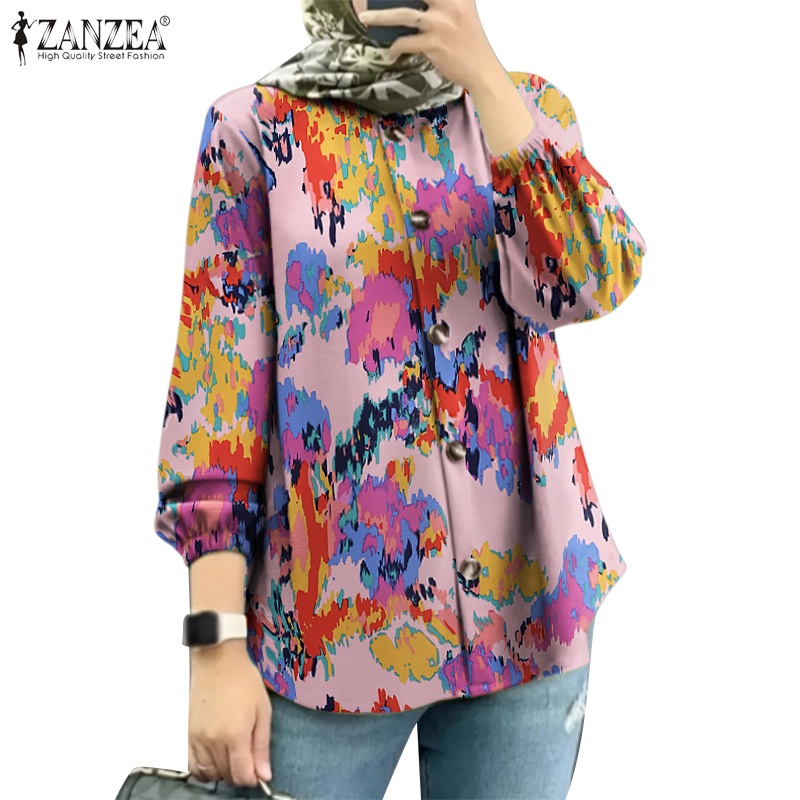 ZANZEA Women Muslim Ethnic Printing Long Sleeves Puff Sleeves Round