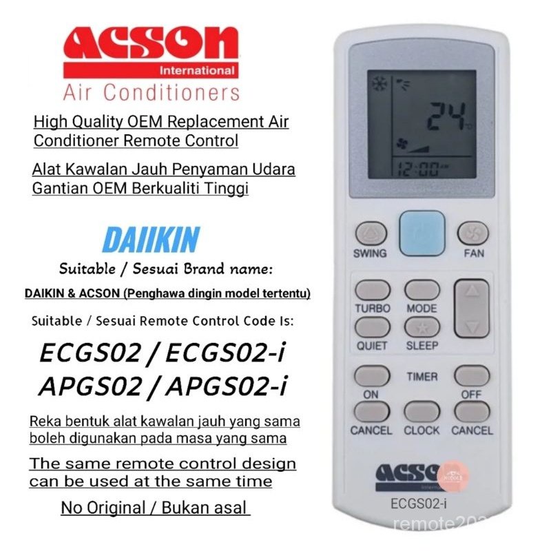 Daikin Acson Air Cond Air Conditioner Replacement Remote Control APGS02