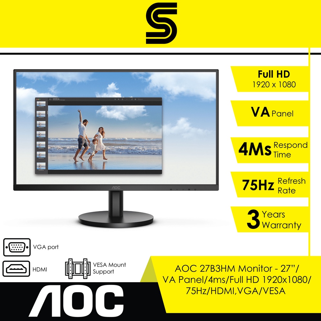 AOC 27B3HM Monitor 27 VA Panel 4ms Full HD 1920x1080 75Hz HDMI VGA