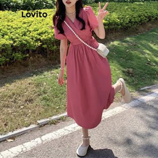 Lovito Casual Plain Pocket Puff Sleeve V Neck Short Sleeves A Line Maxi