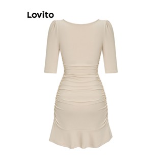 Lovito Elegant Plain Drawstring Ruffle Hem Structure Line Puff Sleeve