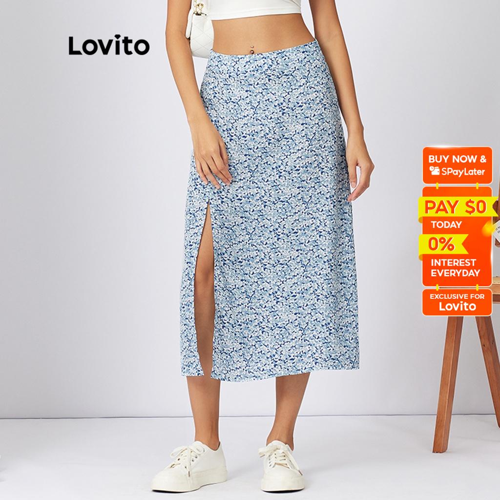 Lovito Casual Ditsy Floral Split Thigh Women Skirt L As Blue