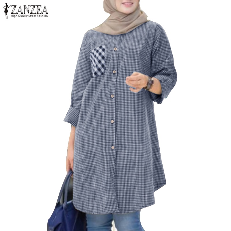 Zanzea Women Muslim Long Sleeves Turn Down Collar Plaid Patchwork Mid