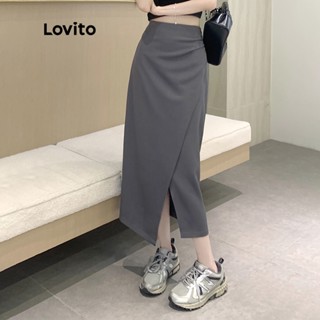 Lovito Casual Plain Split Plicated Skater Maxi Skirts For Women