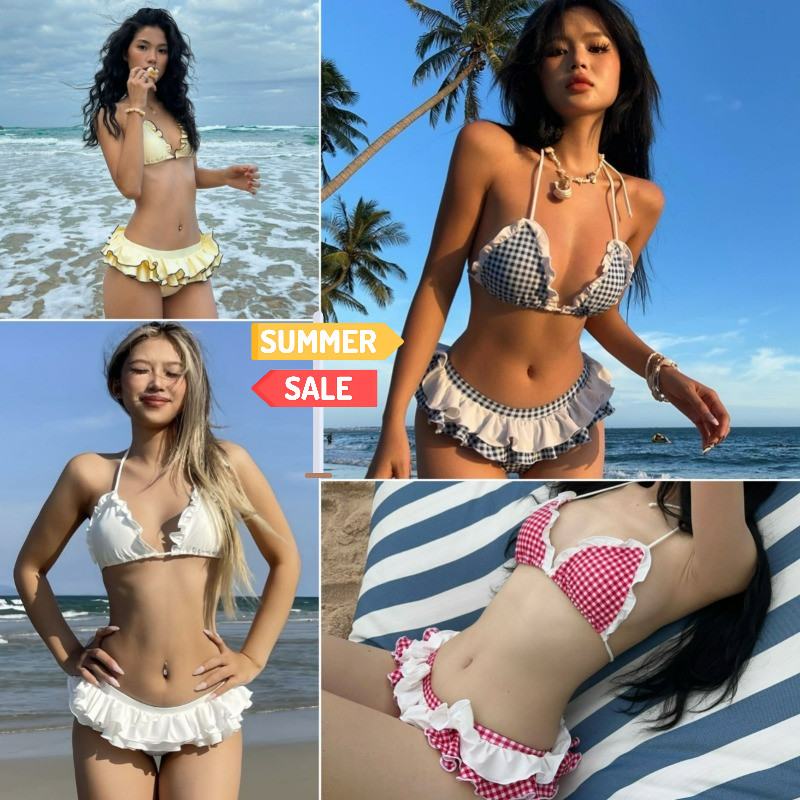 Women S Swimsuit Three Point Bikini Two Piece Set Korean Checkered