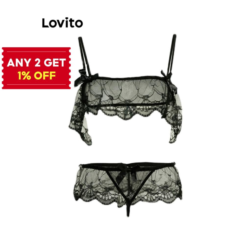 Lovito Sexy Plain Lace Lingerie For Women Lna White Pink Black