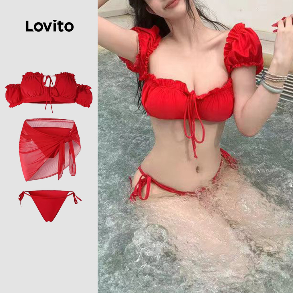 Lovito Casual Plain Ruched Bikini Sets For Women LNA97016 Shopee Malaysia