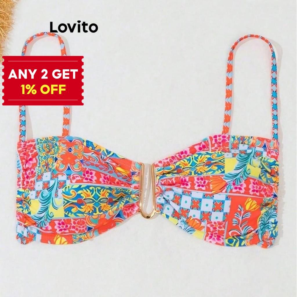 Lovito Sexy Top Tropical Metal Lace Up Bikini Top For Women LNL87138