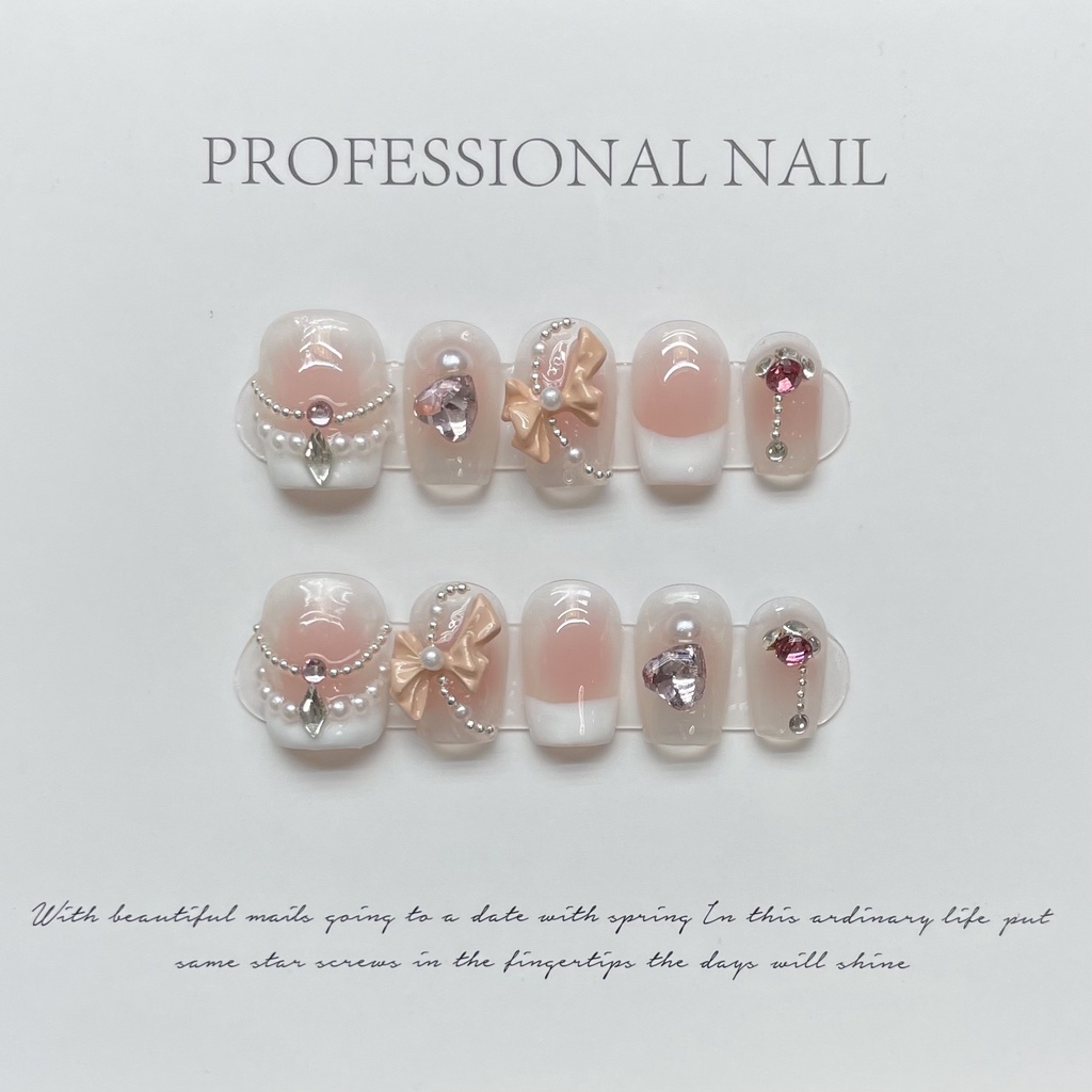 HANDMADEArtificial Nail Nude Blush Bow Flash Princess Sweetheart