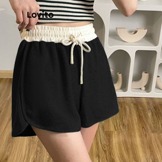 Lovito Casual Plain Lace Up Colorblock Elastic Waisted Shorts For Women