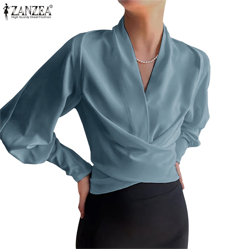 ZANZEA Celmia Women Long Sleeve Cross V Neck Elegant Casual Shirt