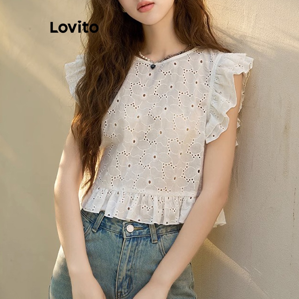 Lovito Casual Plain Eyelet Embroidery Ruffle Tank Top For Women