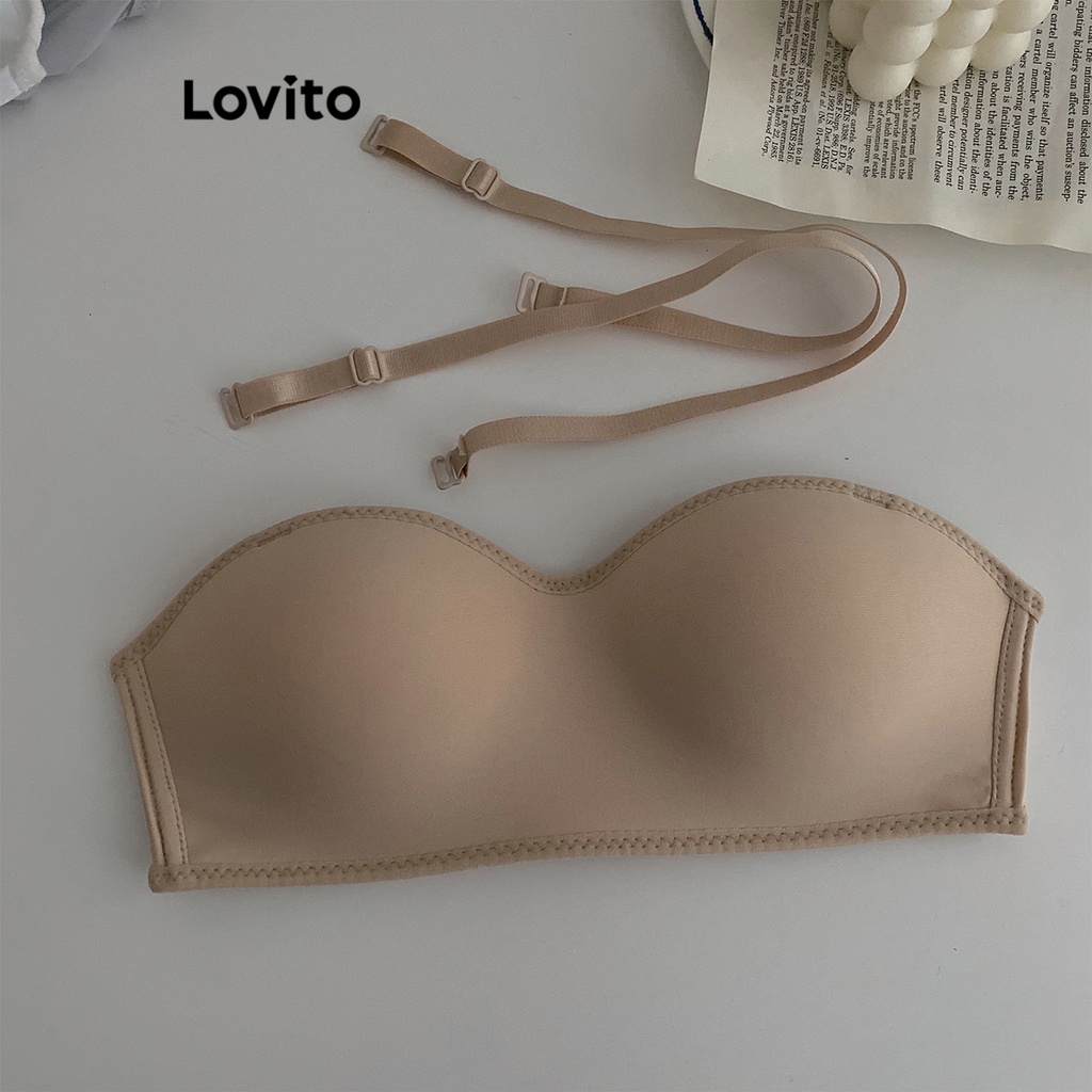 Lovito Casual Plain Push Up Basic Bralette For Women Lna Apricot